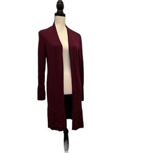 Chico’s ladies pleated burgundy faux pearl cardigan size medium.